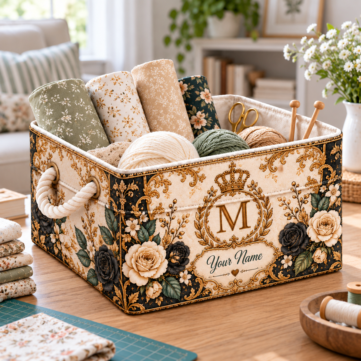 Personalized Black Cream Rose Monogram Storage Basket
