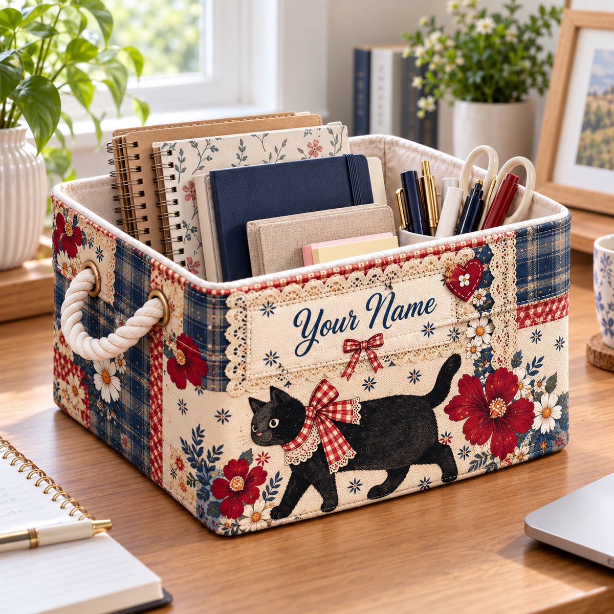 Personalized Floral Black Cat Storage Basket