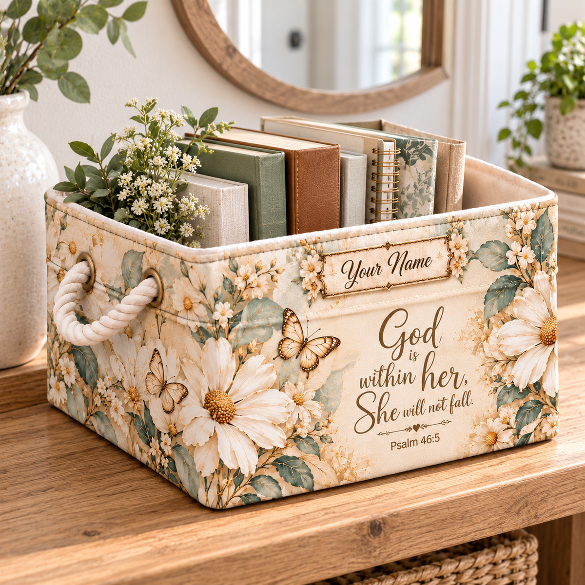 Personalized White Floral Butterfly Storage Basket