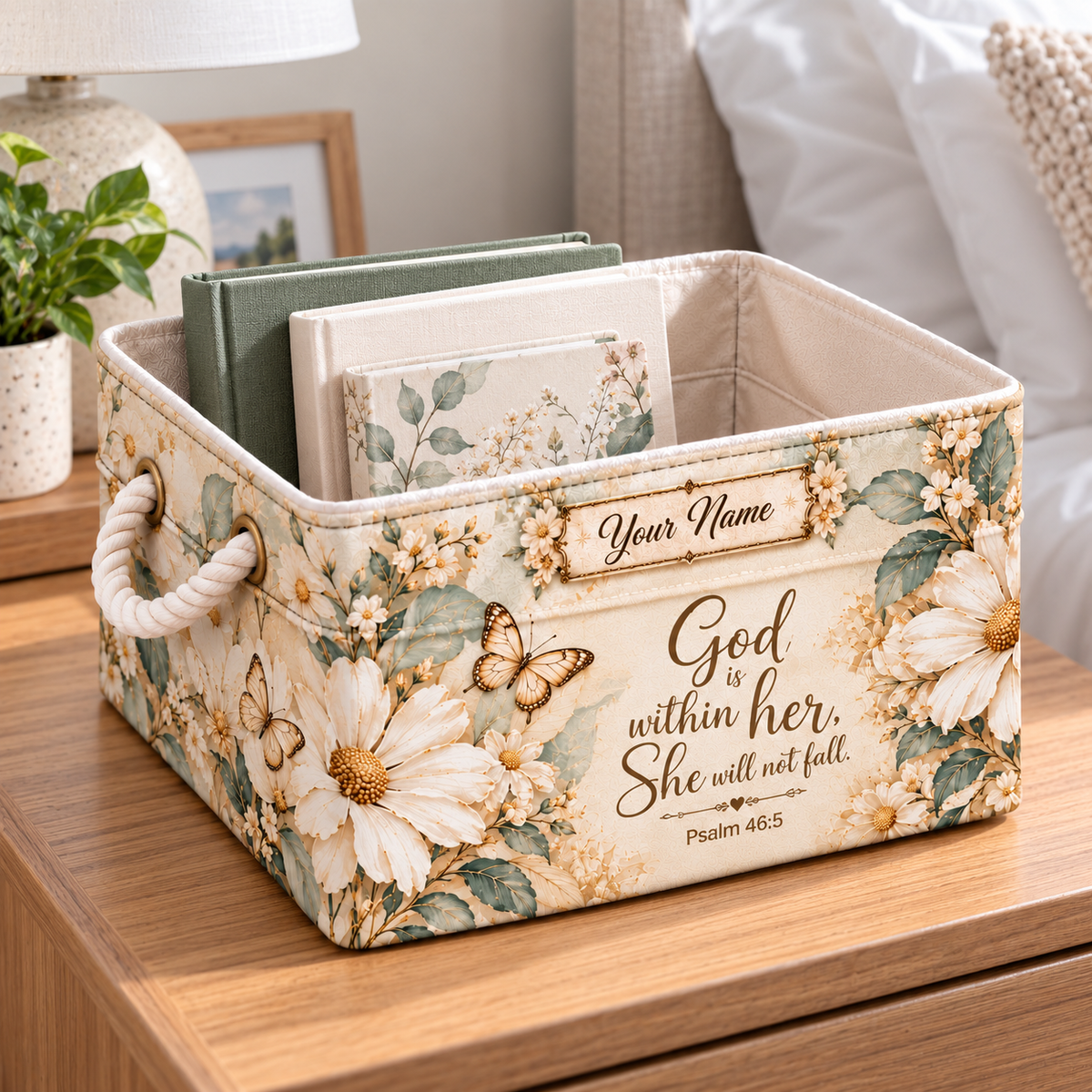 Personalized White Floral Butterfly Storage Basket