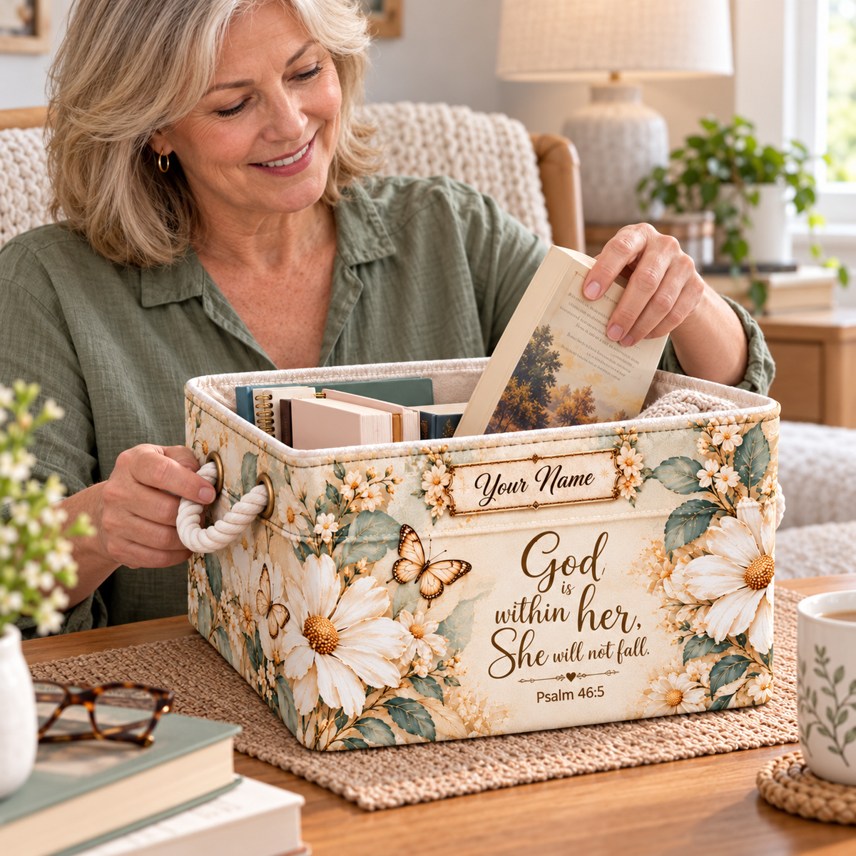 Personalized White Floral Butterfly Storage Basket