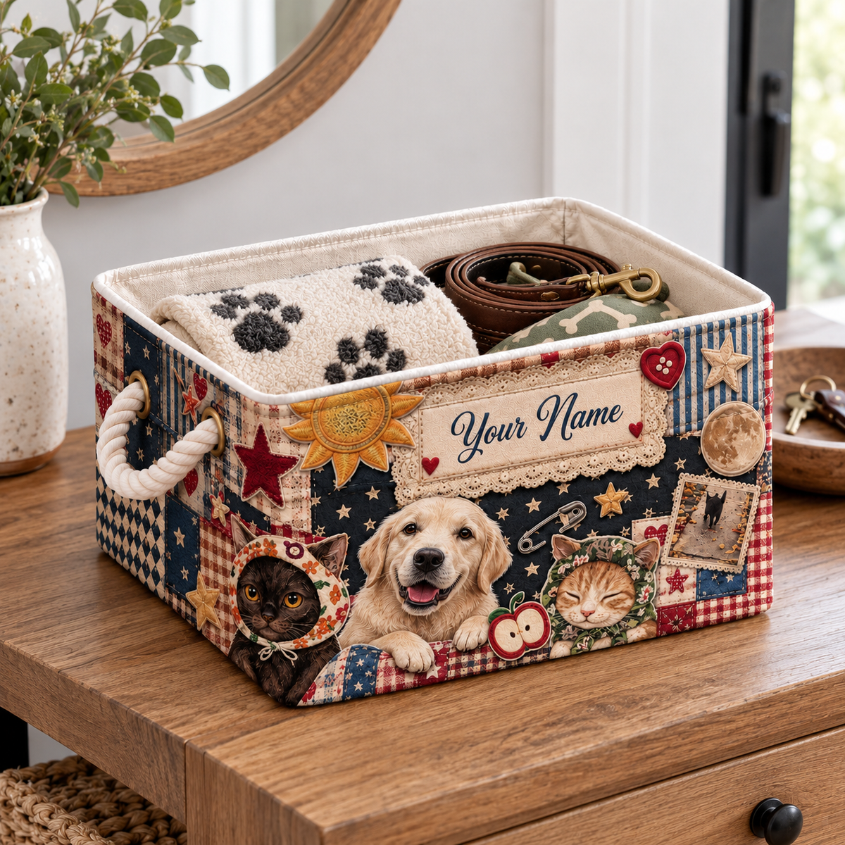 Personalized Dog and Cats Patchwork Storage Basket