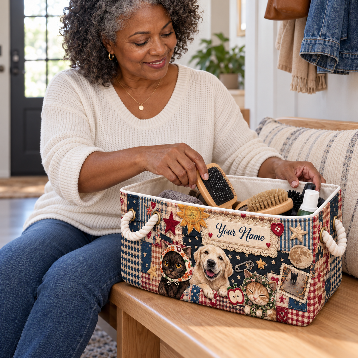 Personalized Dog and Cats Patchwork Storage Basket