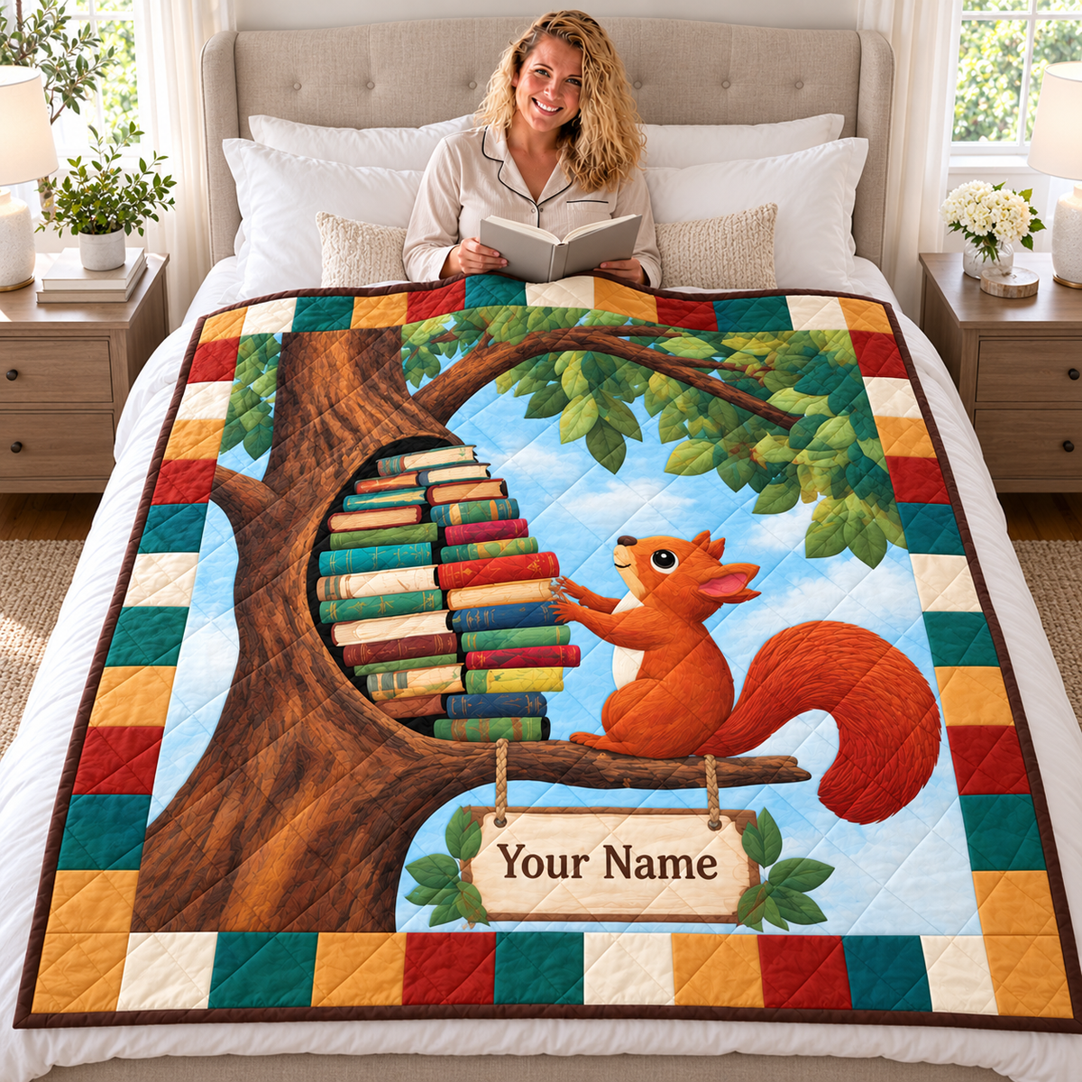 Personalized Squirrel Tree Library Quilt