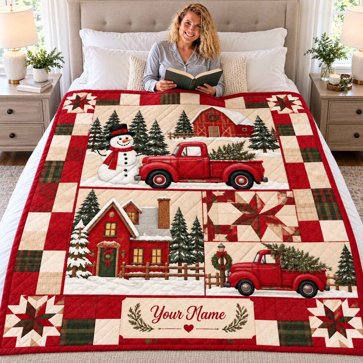 Personalized Red Truck Snowman Quilt