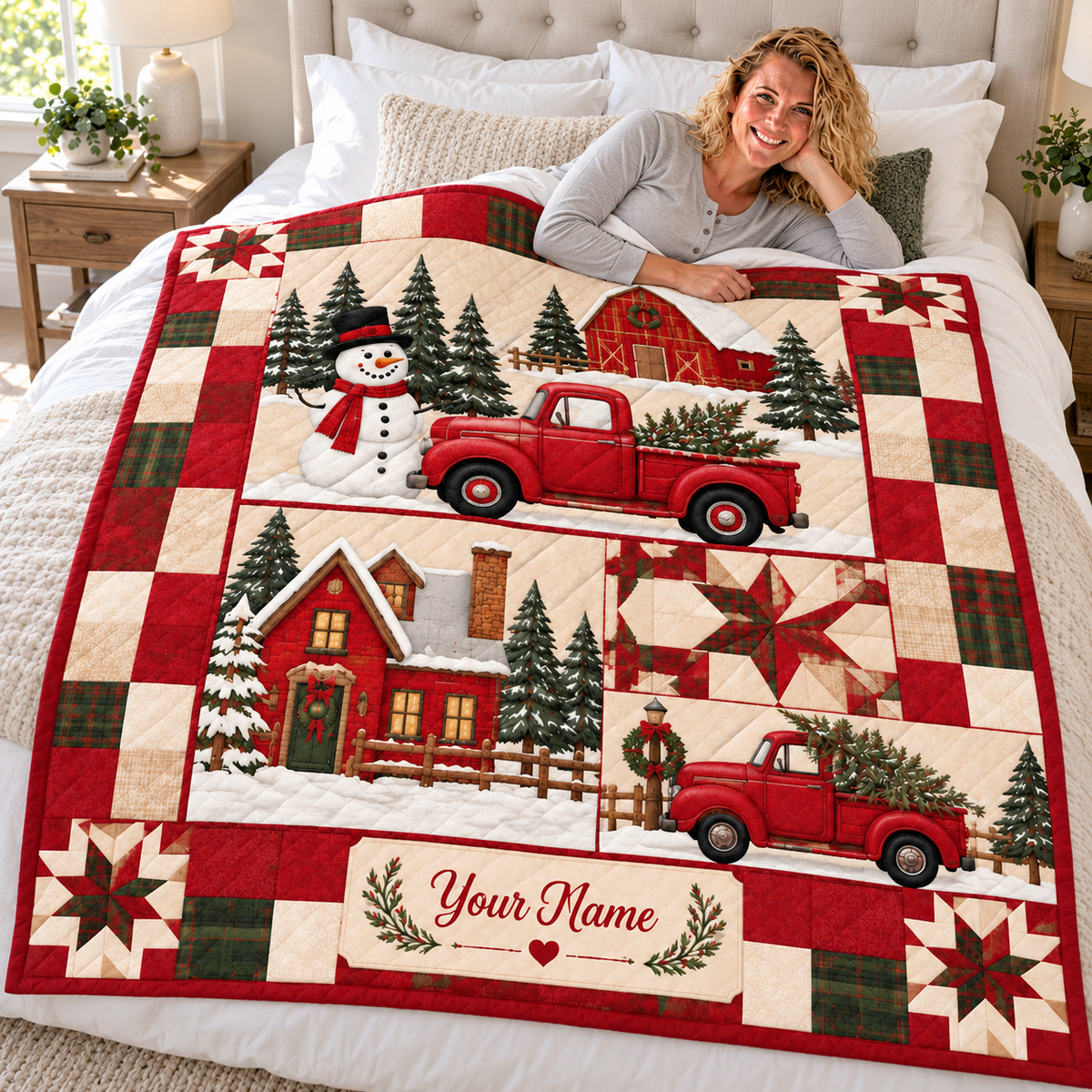 Personalized Red Truck Snowman Quilt