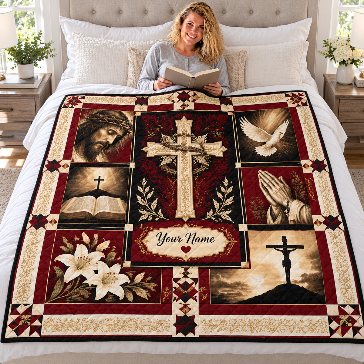Personalized Burgundy Dove and Lilies Quilt