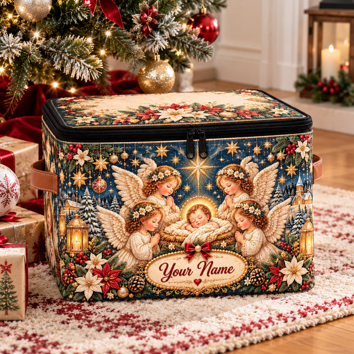 Personalized Winter Floral Square Storage Basket With Lid