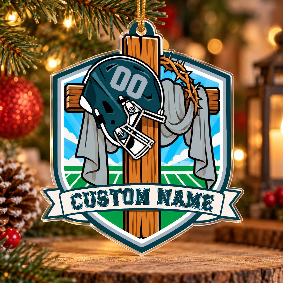 Personalized Teal and Gray Football Cross Shield Ornament