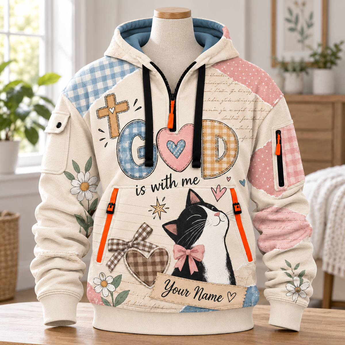 Personalized Tuxedo Cat Bow Half-Zip Hoodie