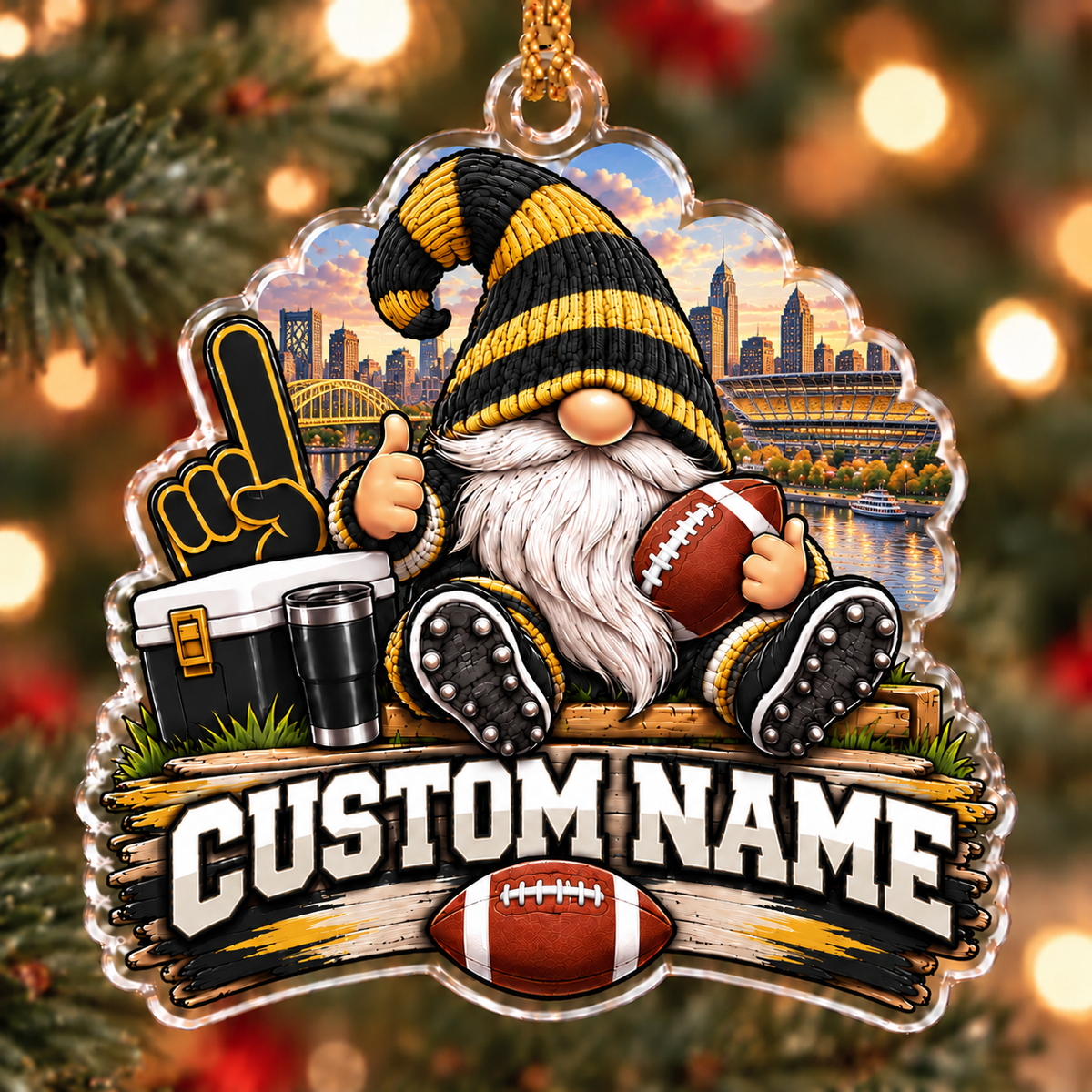 Personalized Black & Gold Football Fan Gnome Christmas Ornament