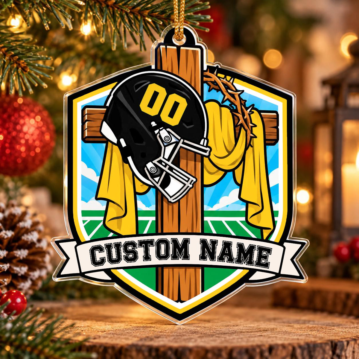 Personalized Black and Yellow Football Cross Shield Ornament