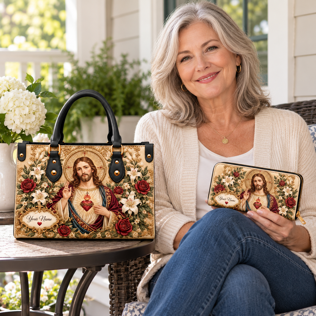 Personalized Vintage Portrait and Flowers PU Leather Handbag & Leather Long Wallet