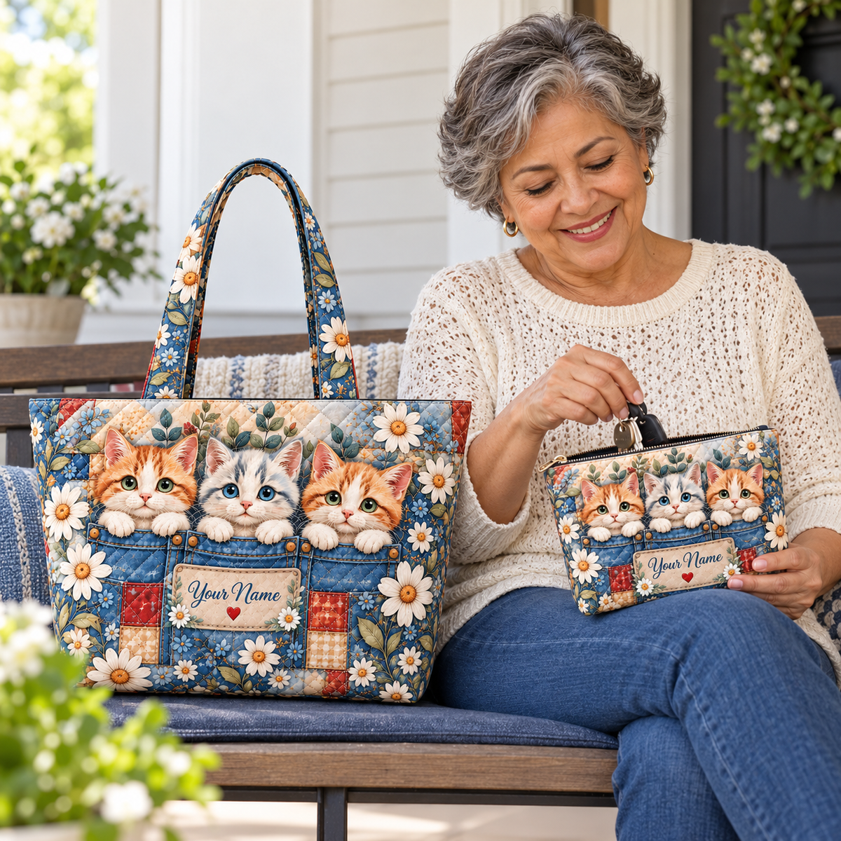 Personalized Kittens & Daisies Quilted Shoulder Bag & Storage Bag