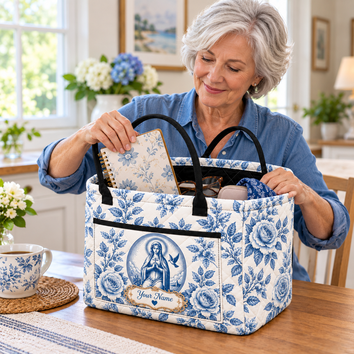 Personalized Blue Rose Quilted Storage Basket