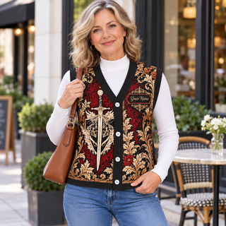 Ornate Sword Shield Personalized Knitted Cardigan Vest