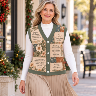 Sage Floral Patchwork Personalized Knitted Cardigan Vest