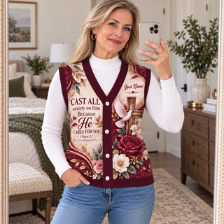 Burgundy Rose Dove Personalized Knitted Cardigan Vest
