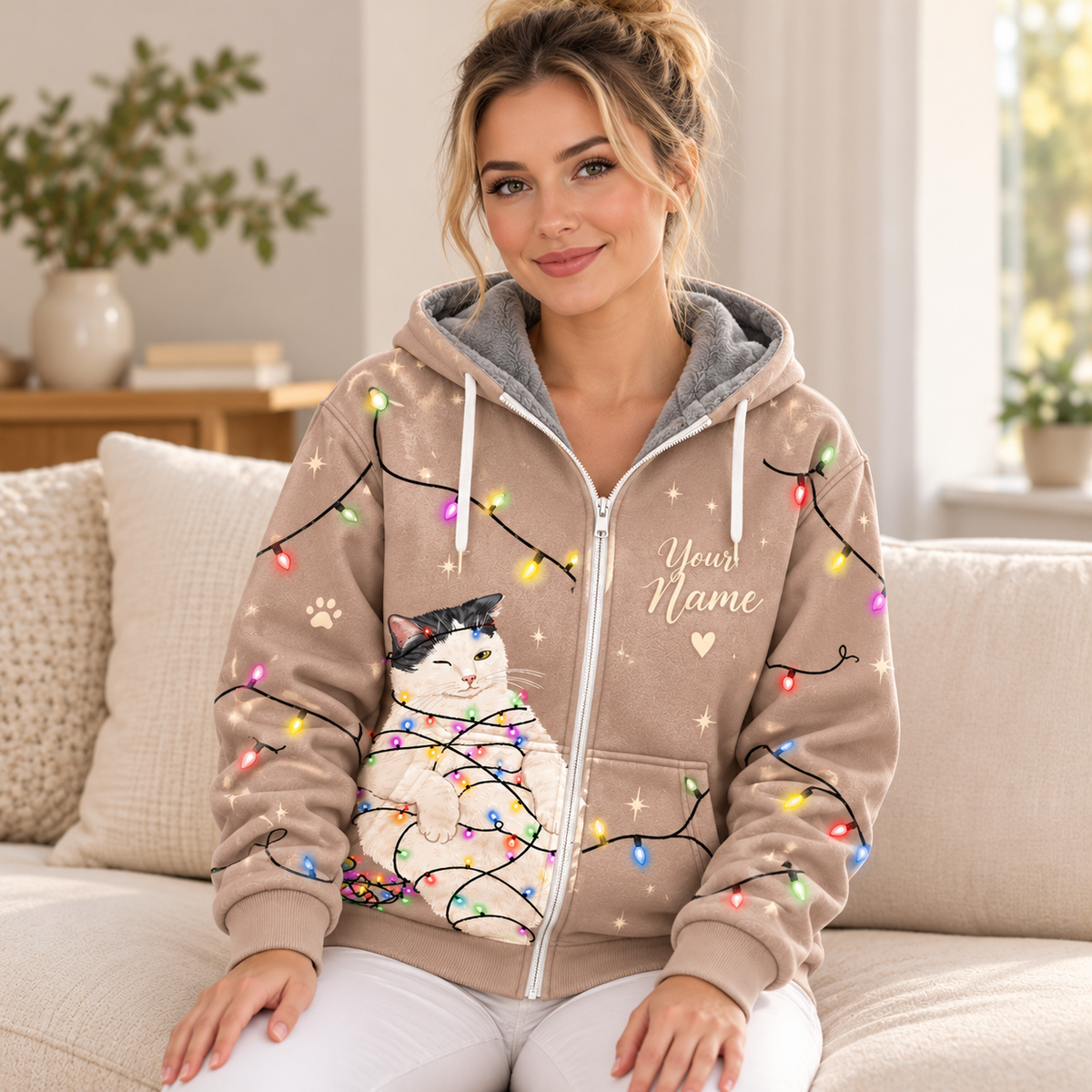 White Cat Christmas Lights Personalized Fleece Jacket