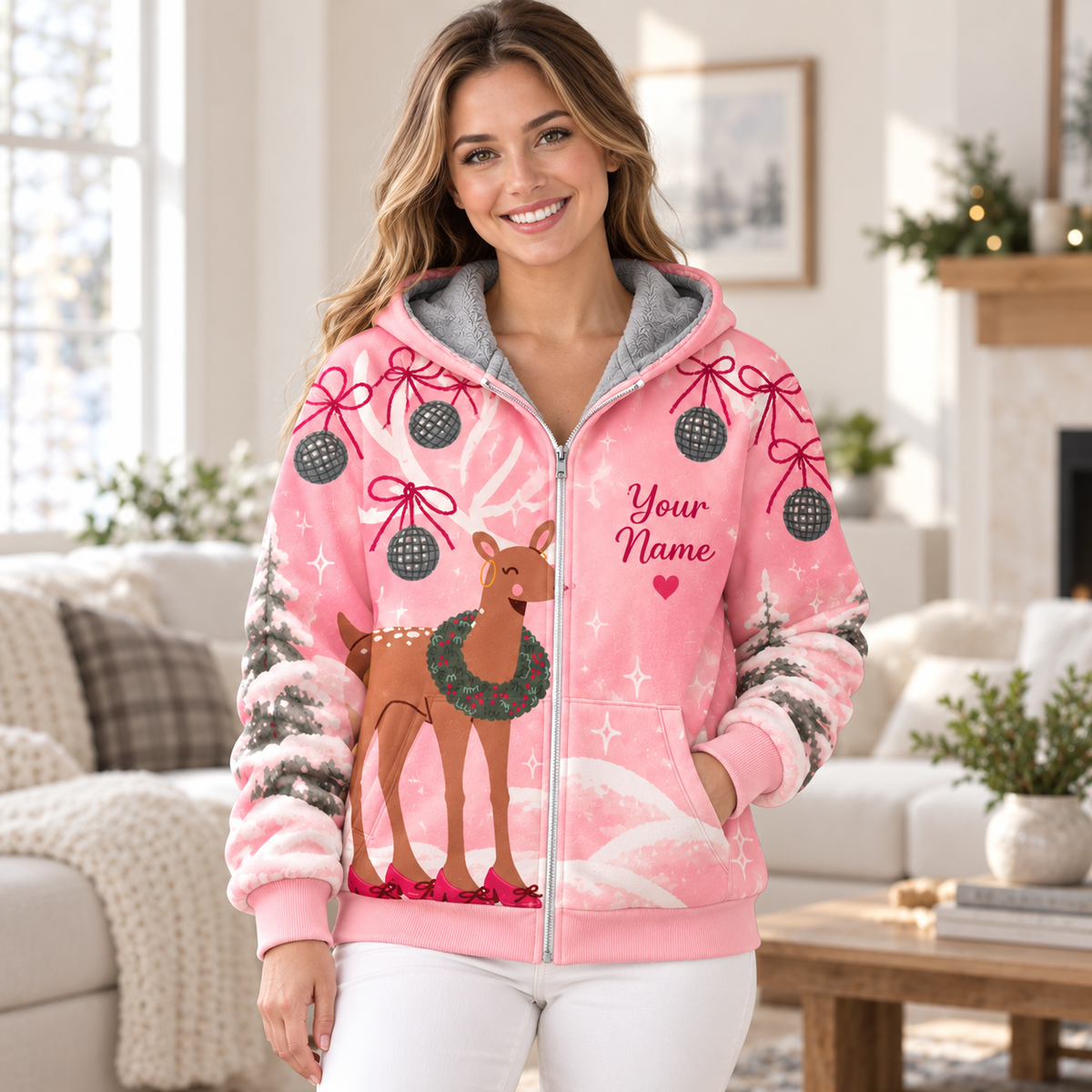 Reindeer Wreath Personalized Fleece Jacket
