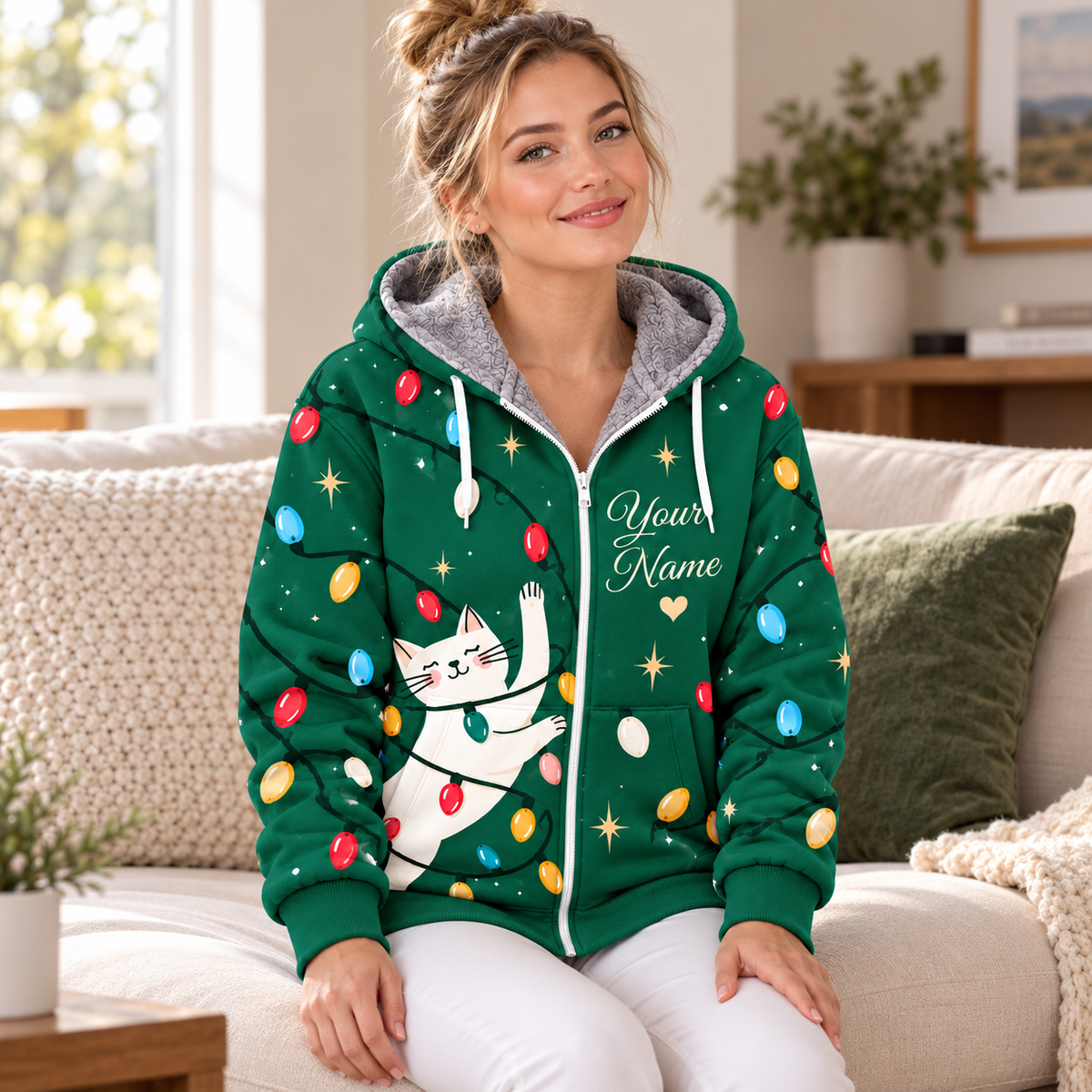 White Cat Christmas Personalized Fleece Jacket
