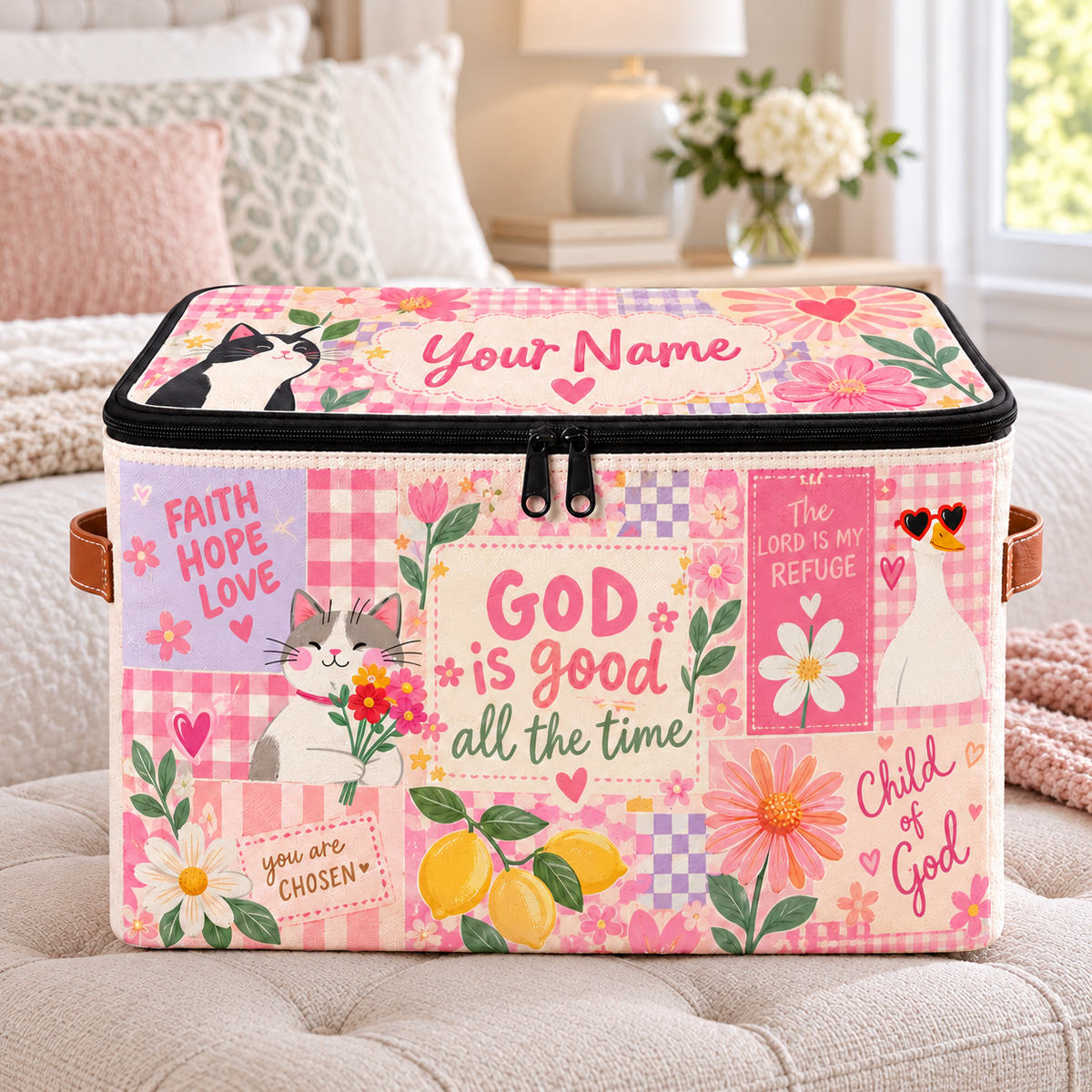 Personalized Pink Gingham Square Storage Basket With Lid