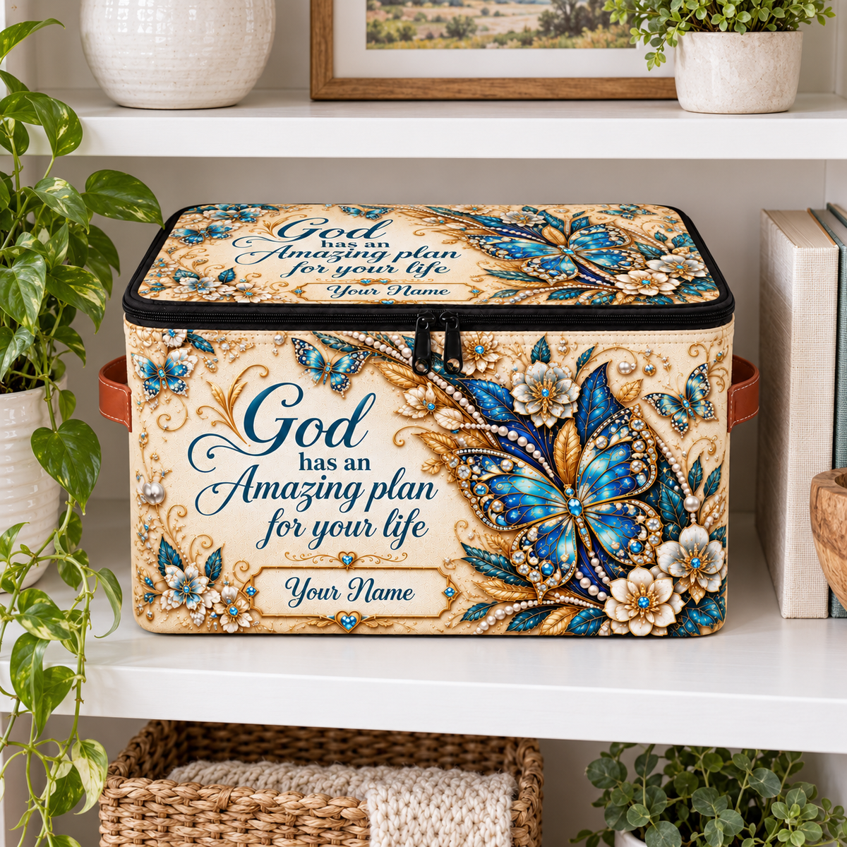 Personalized Teal Butterfly Square Storage Basket With Lid