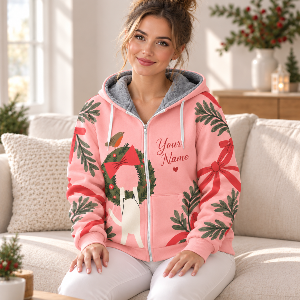White Cat Christmas Wreath Personalized Fleece Jacket