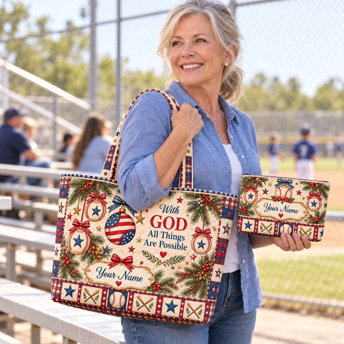 Personalized Festive Baseball Quilted Shoulder Bag & Storage Bag