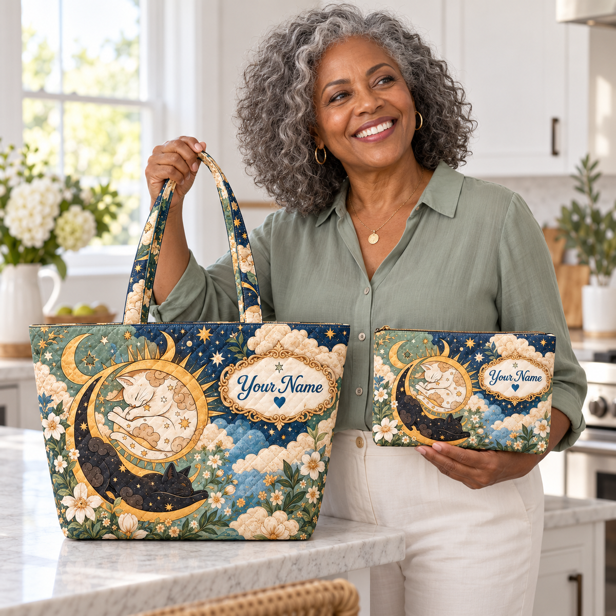 Personalized Celestial Cats Quilted Shoulder Bag & Storage Bag