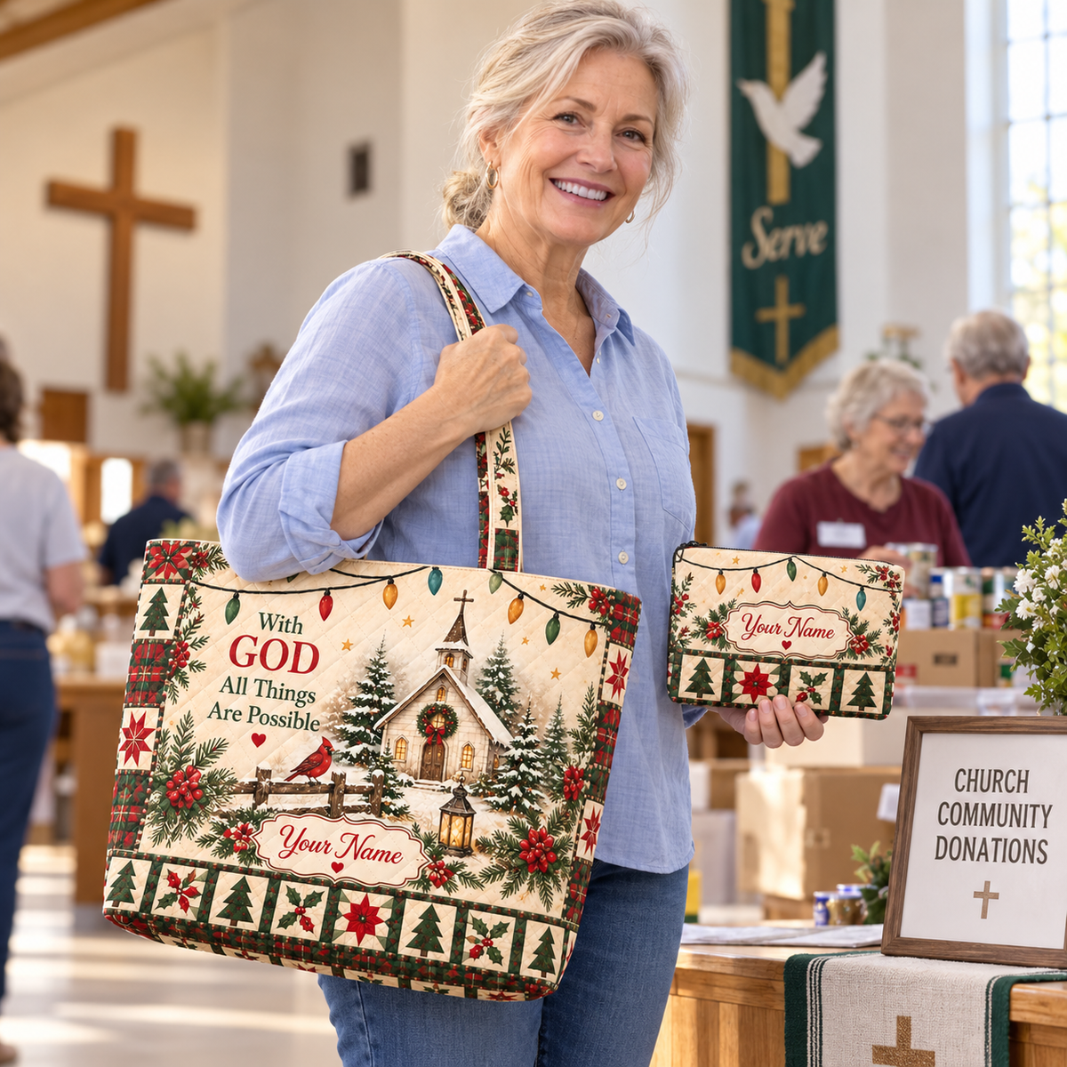 Personalized Winter Cardinal Quilted Shoulder Bag & Storage Bag