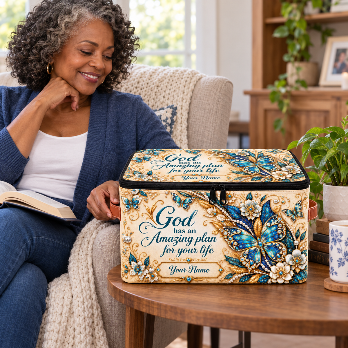 Personalized Teal Butterfly Square Storage Basket With Lid