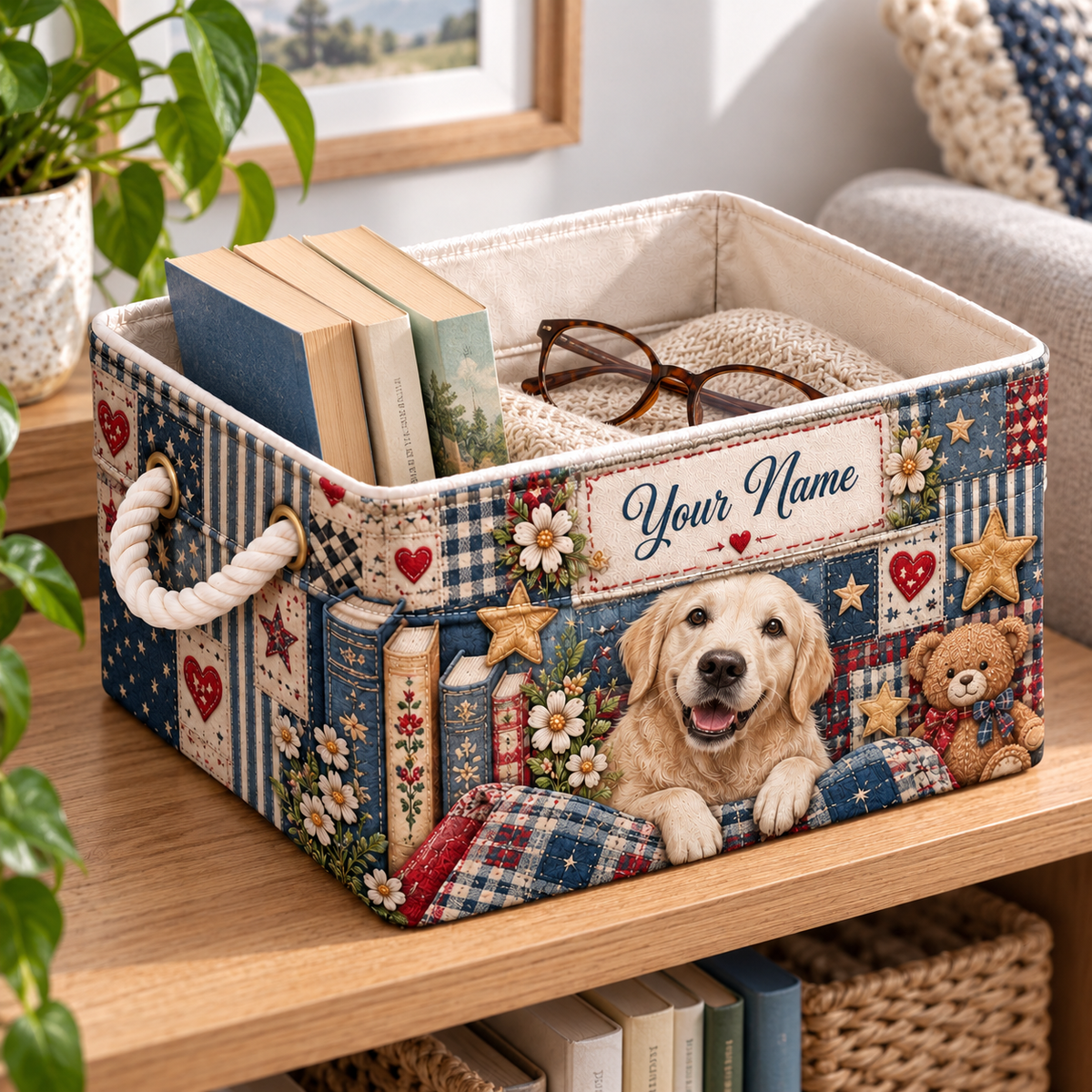 Personalized Golden Retriever Patchwork Storage Basket
