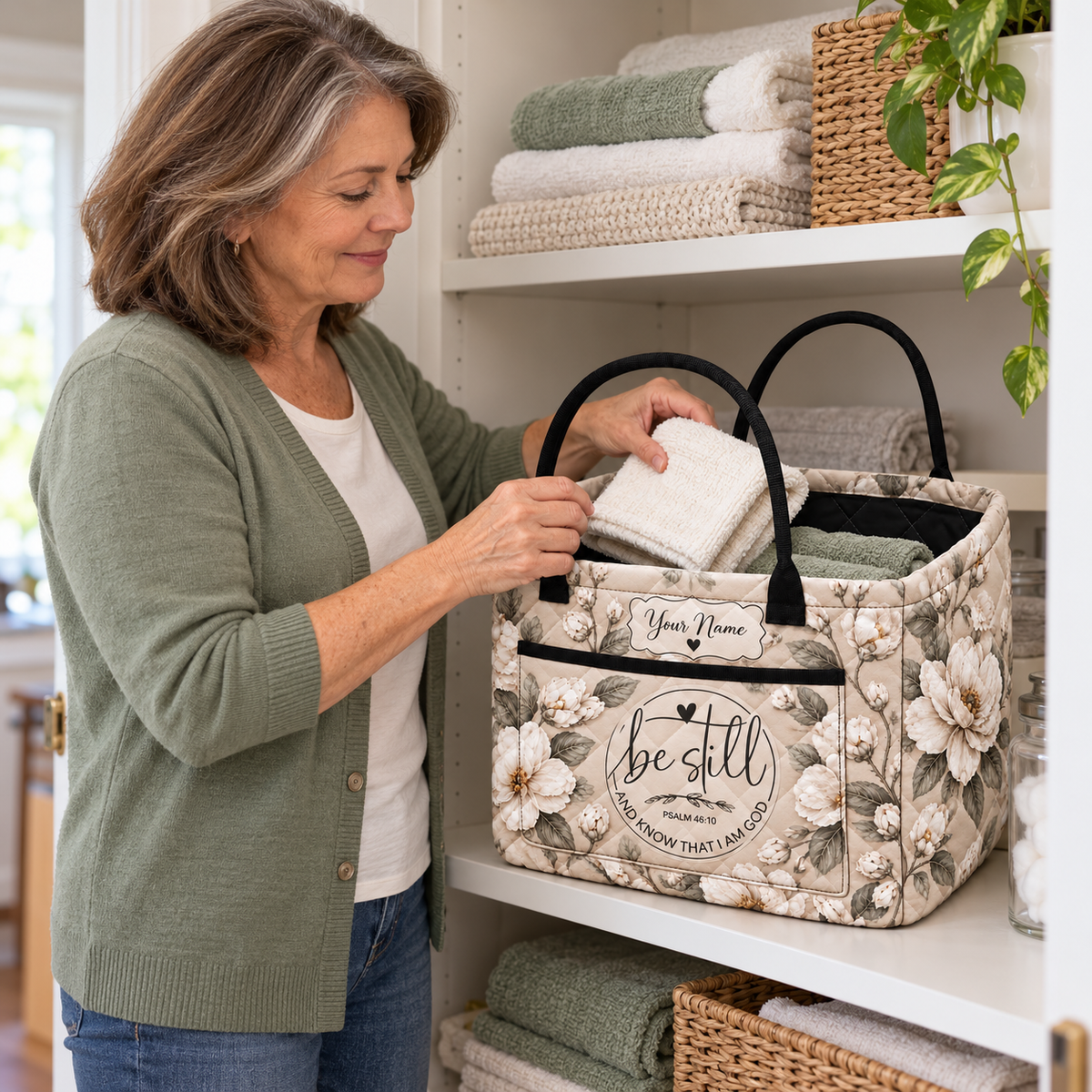 Personalized Ivory Floral Quilted Storage Basket