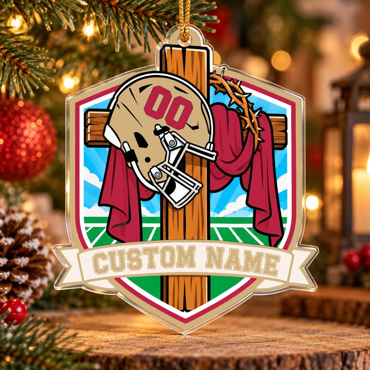 Personalized Red and Gold Football Cross Shield Ornament