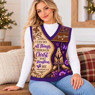 Purple Butterfly Scrollwork Personalized Knitted V-Neck Vest