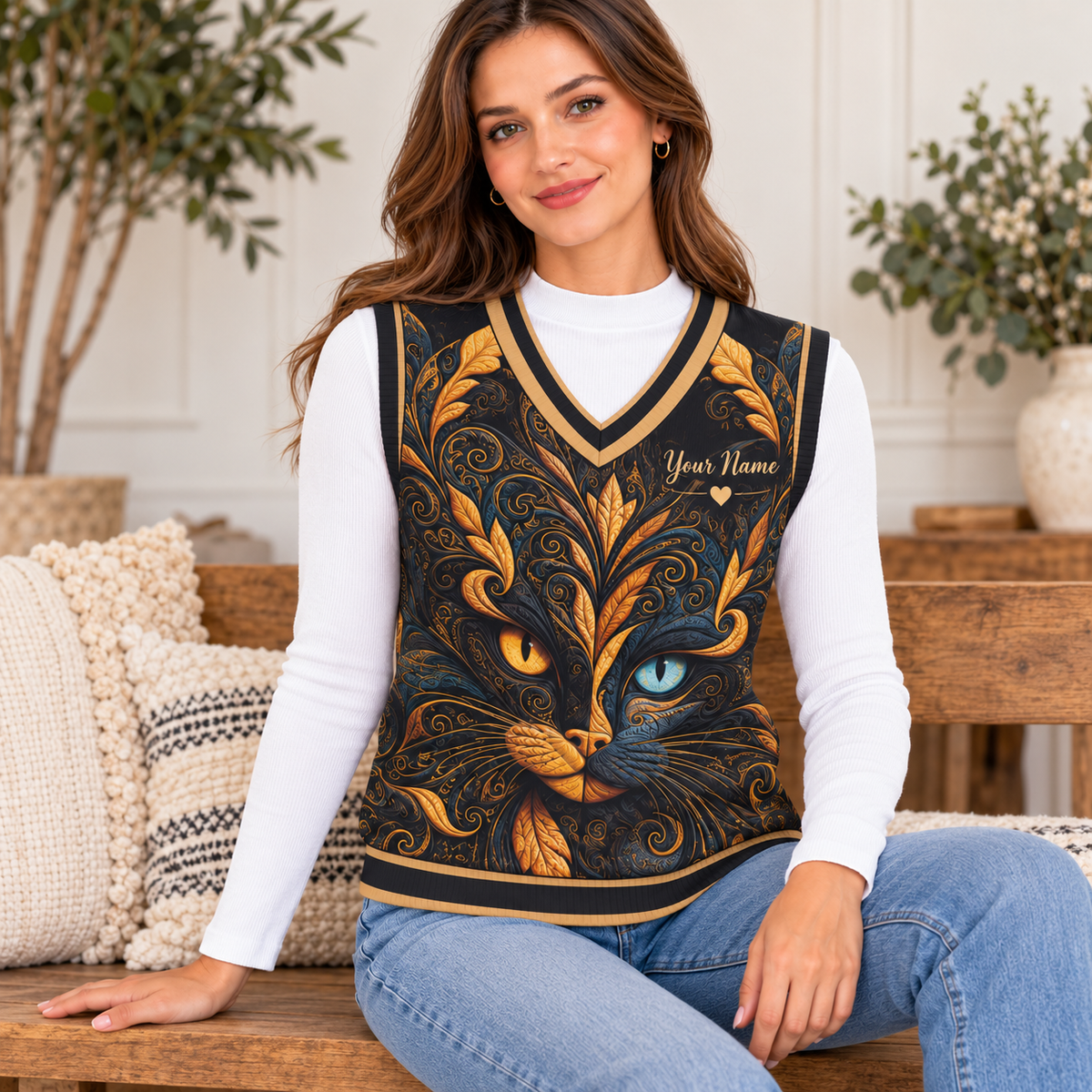 Personalized Gold Filigree Cat Knitted V-Neck Vest