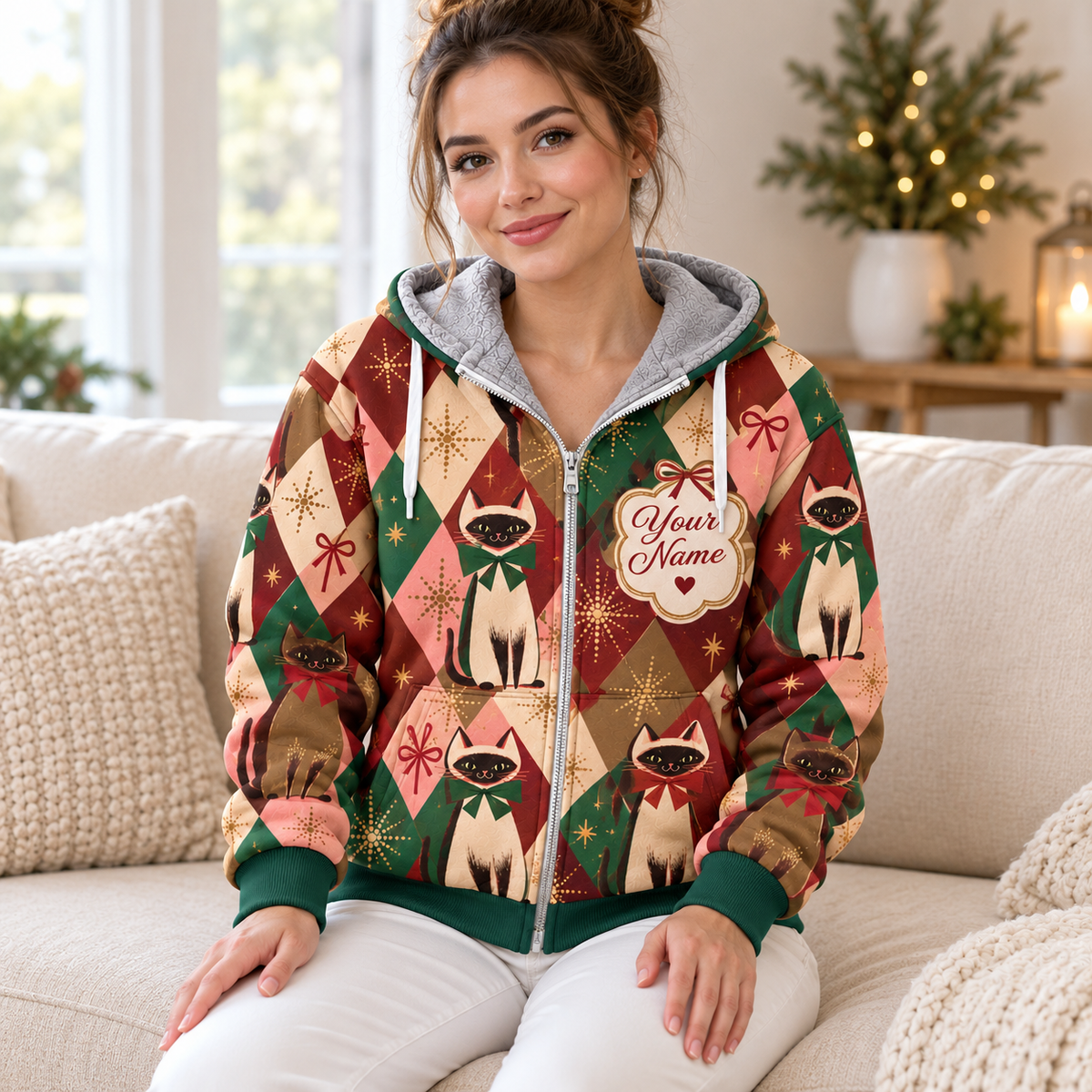 Siamese Cat Argyle Personalized Fleece Jacket
