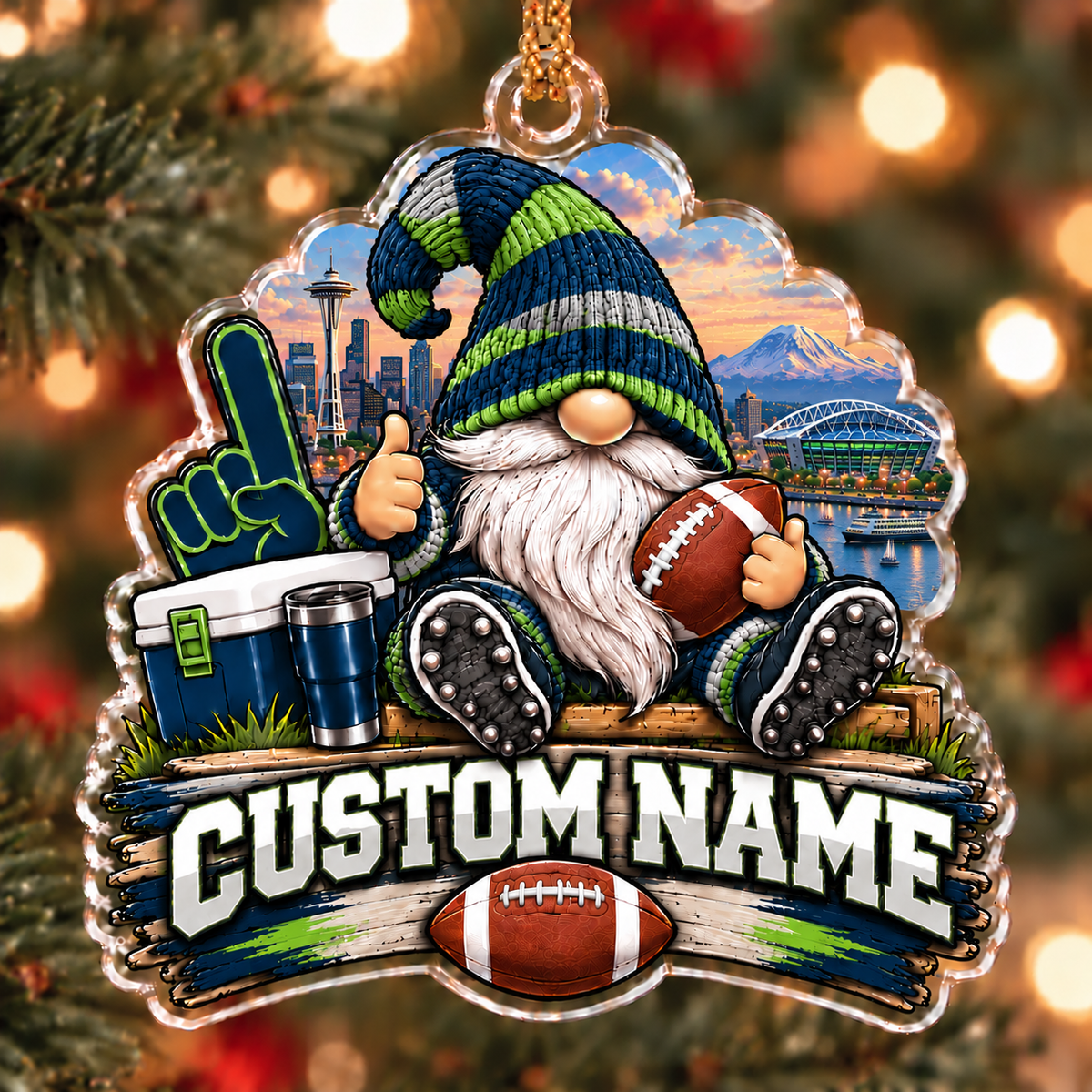 Personalized Navy & Lime Football Fan Gnome Christmas Ornament