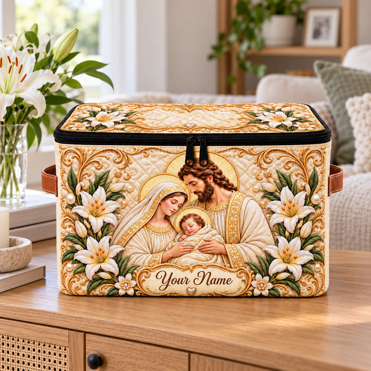 Personalized Ivory Lily Square Storage Basket With Lid