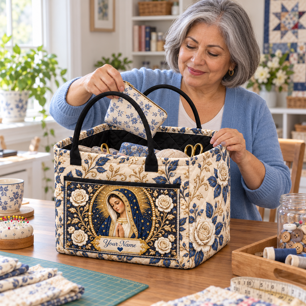Personalized Ivory Rose & Navy Quilted Storage Basket