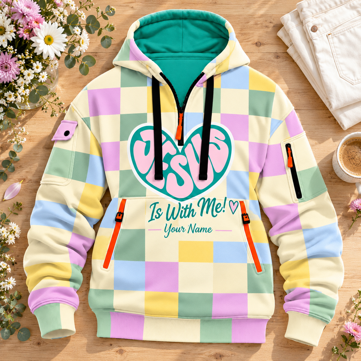 Personalized Pastel Checkerboard Heart Half-Zip Hoodie