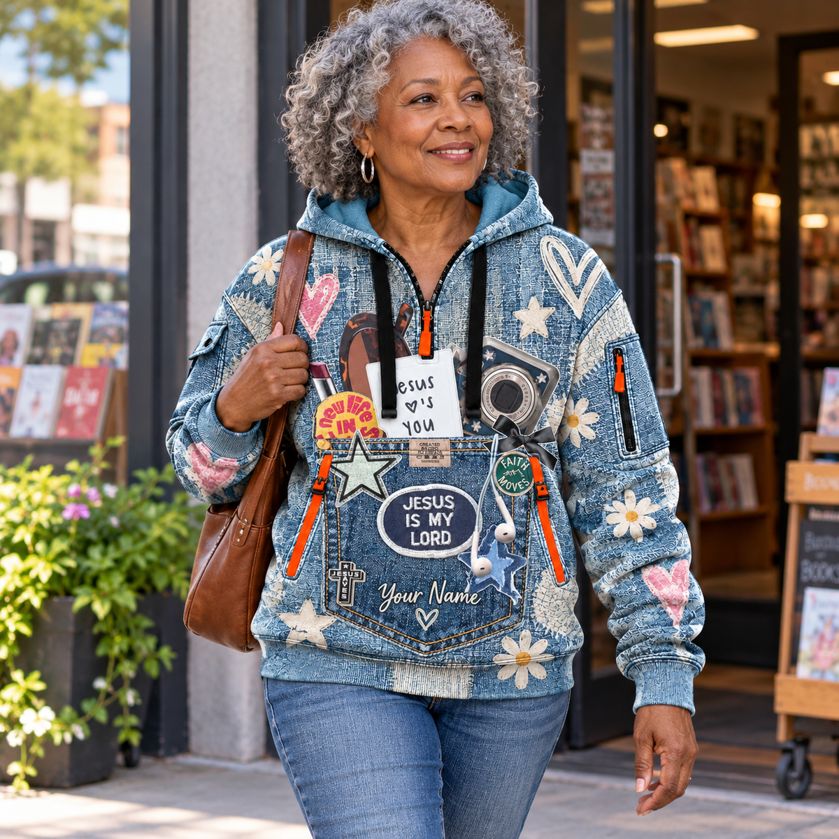 Personalized Denim Look Daisy Half-Zip Hoodie