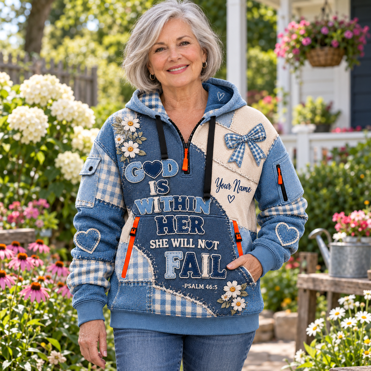 Personalized Blue Daisy Bow Half-Zip Hoodie