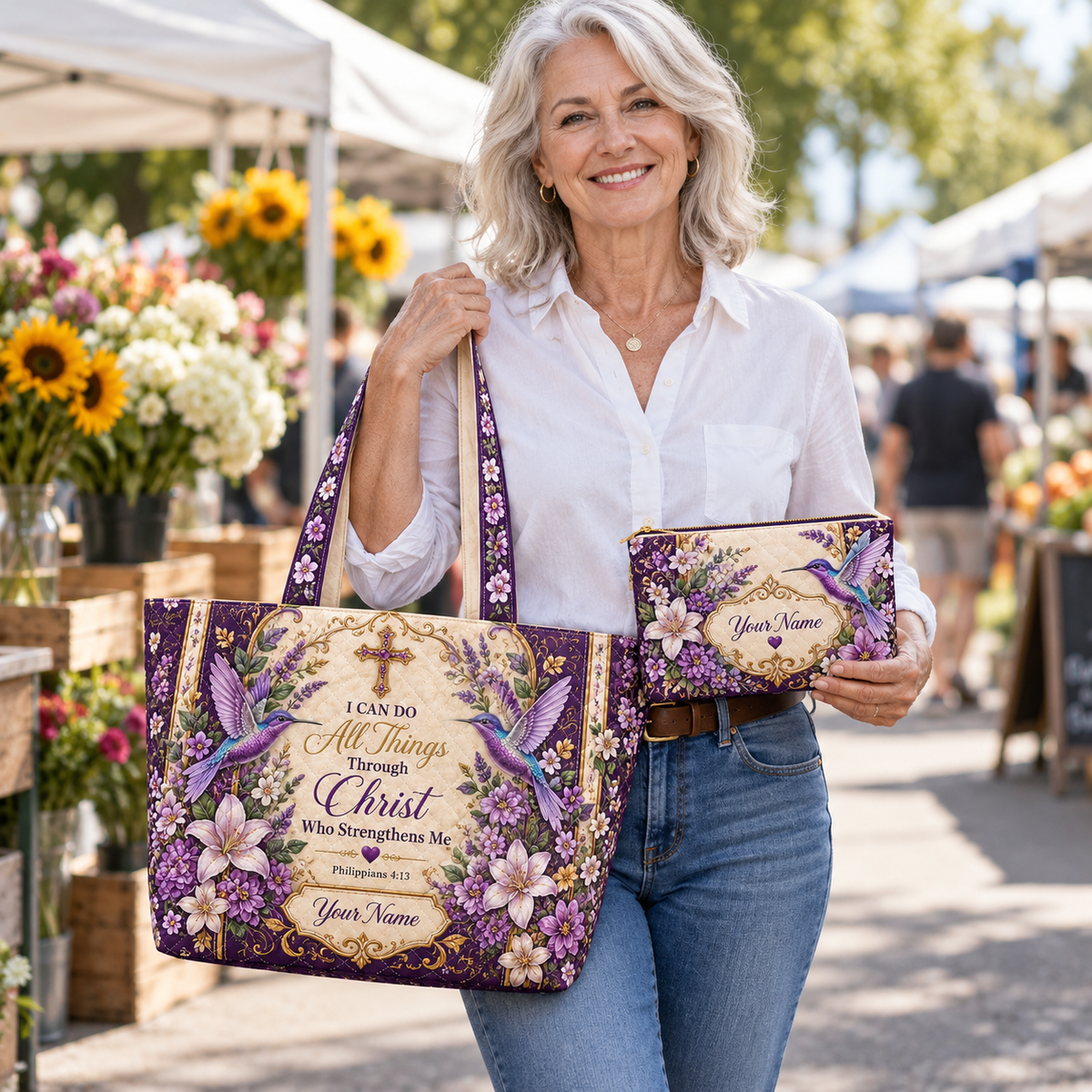 Personalized Hummingbirds & Purple Roses Quilted Shoulder Bag & Storage Bag