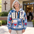 Personalized Blue Heart Patchwork Half-Zip Hoodie