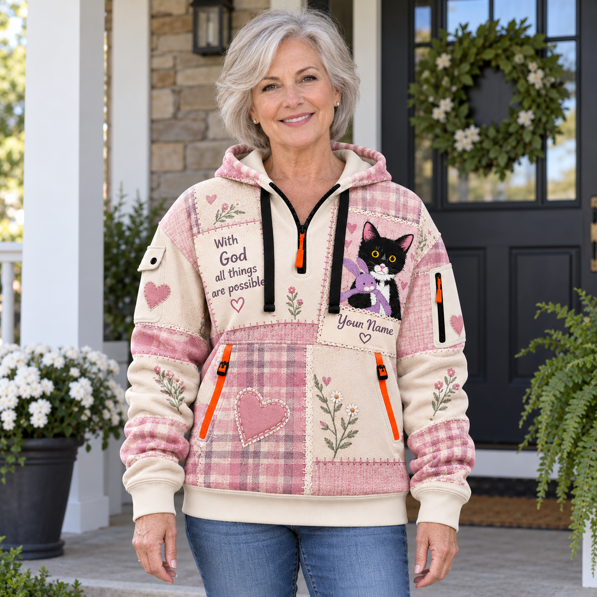 Personalized Cat and Bunny Half-Zip Hoodie