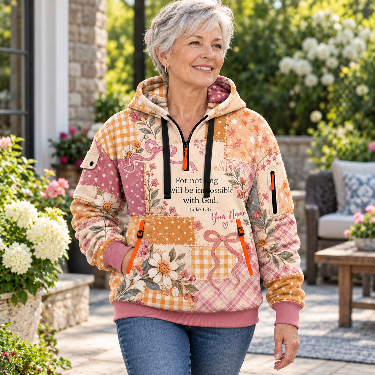 Personalized Floral Bow Patchwork Half-Zip Hoodie