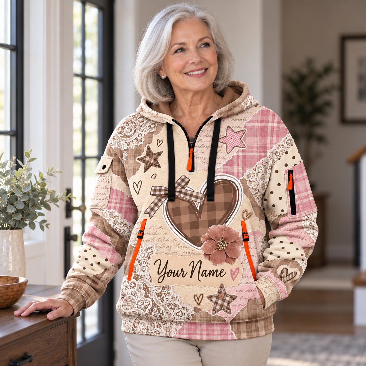 Personalized Vintage Heart Bow Half-Zip Hoodie