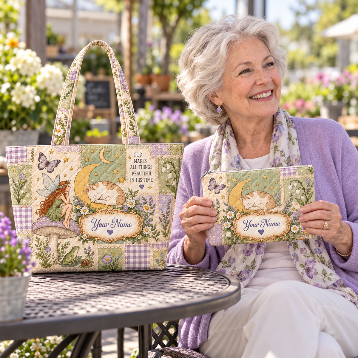 Personalized Fairy & Sleeping Cat Quilted Shoulder Bag & Storage Bag